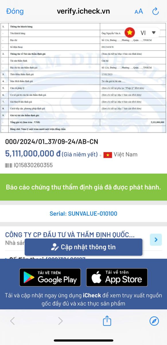 Thông tin hiển thị khi quét mã QR code (Tem chứng thực)